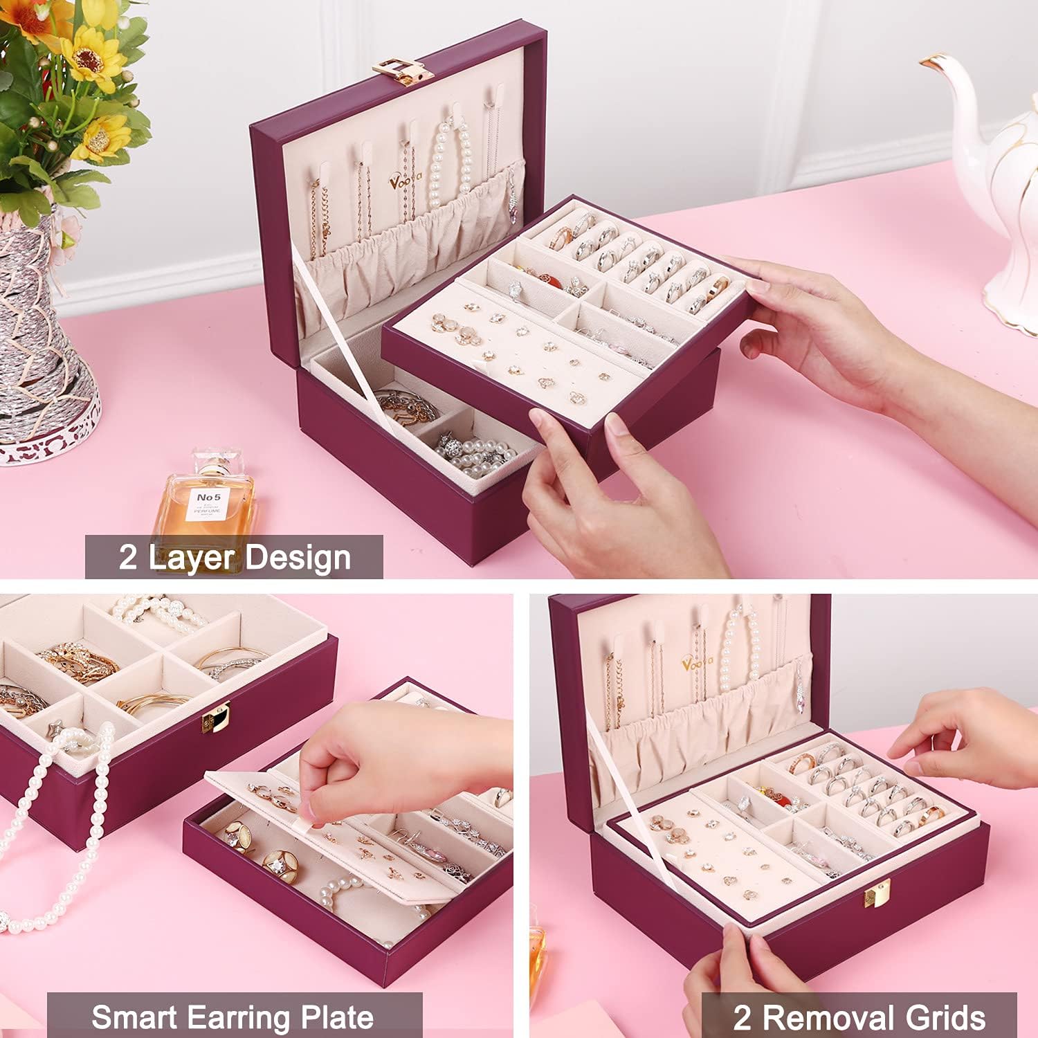 Voova Jewelry Box Organizer for Women Girls, 2 Layer Large Men Jewelry Storage Case, PU Leather Display Jewel Holder with Removable Tray for Necklace Earrings Rings Bracelets, Vintage Gift, Purple: Home Improvement