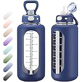 SIEROZUR 64 oz Glass Water Bottle with Straw and Handle Half Gallon Large Water Bottle with Silicone Sleeve and Time Marker Sports Water Jug Wide Mouth for Travel Gym