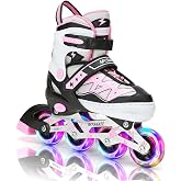 Lightning Adjustable 4 Sizes Inline Skates with Full Light up Wheels | Adjustable Roller Blades for Girls Boys Kids Ages 4-8 8-12 Inline Skates with Birthday Gift for Women Men Beginners