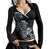 Y2k V Neck Floral Tops Women Fairy Grunge Vintage Long Sleeve Top 2000s Emo Graphic Cute Teen Girls Clothe