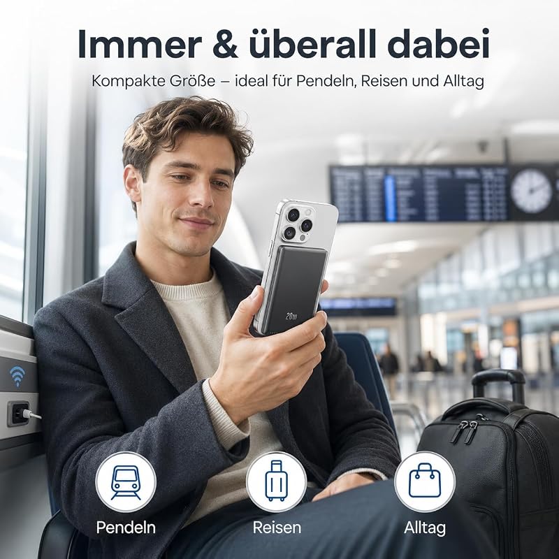 Ultra Slim iPhone Powerbank für Magsafe, Ntaanoo Magnetische Power Bank Induktives Laden 5000mAh, 20W Schnellladung Wireless Externe Handyakkus Kabelloses Akkupack für iPhone 17/16/15/14/13/12 Schwarz