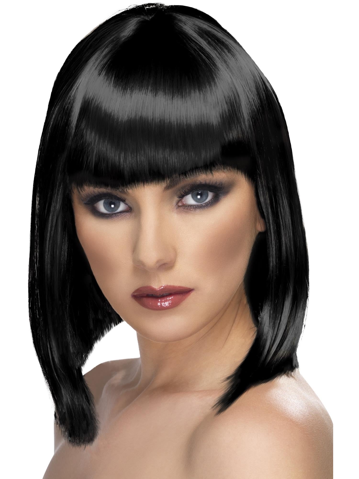 Smiffys Glam Wig, Black Short, Blunt with Fringe, Ladies Glamour Wigs Fancy Dress, Adult Dress Up Wigs Halloween