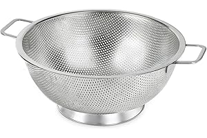 POPGRADE Large Stainless Steel Colander with Handle, 5QT Strainer and Colander for Kitchen, Metal Fruit Rice Pasta Strainer w