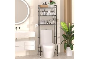 DTUQYX Over The Toilet Storage,Over Toilet Organizer Rack with Paper Holder & Hook,Freestanding Over The Toilet Rack for Restroom, Laundry (3-Tire Large Rack Black)
