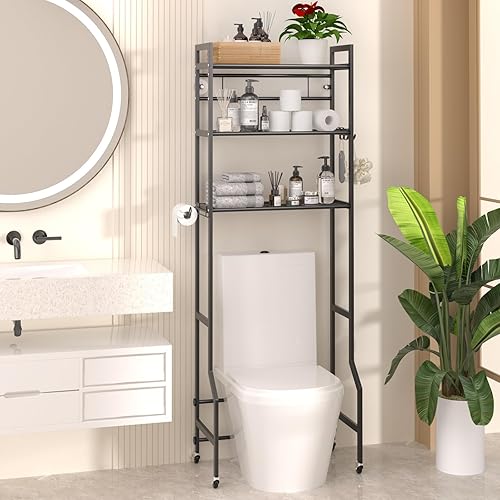 DTUQYX Over The Toilet Storage,Over Toilet Organizer Rack with Paper Holder & Hook,Freestanding Over The Toilet Rack for Restroom, Laundry (3-Tire Large Rack Black)