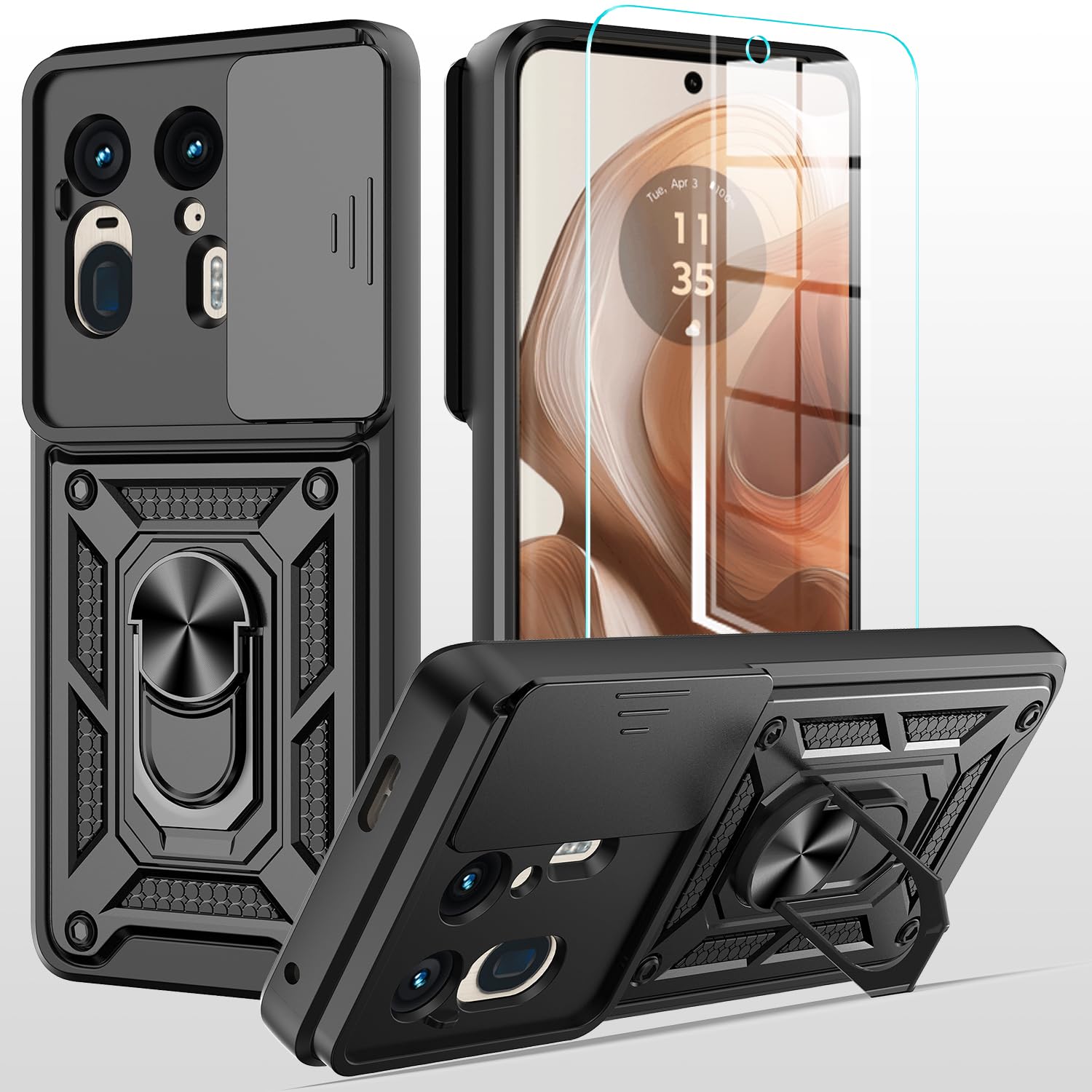 for Moto Edge 50 Ultra Case with Tempered Glass Screen Protector Protection Cover Shockproof Heavy Duty [Military-Grade] Rugged Phone Case with Kickstand for Motorola Moto Edge 50 Ultra(Black)