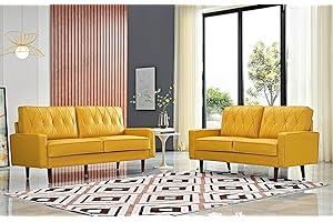 Container Furniture Direct Modern Style Faux Leather Loveseat and Sofa with Elegant Round Tapered Legs and Button Tufted Backrest Perfect for Living Room, 2 Piece Couch Set, Musterd Yellow
