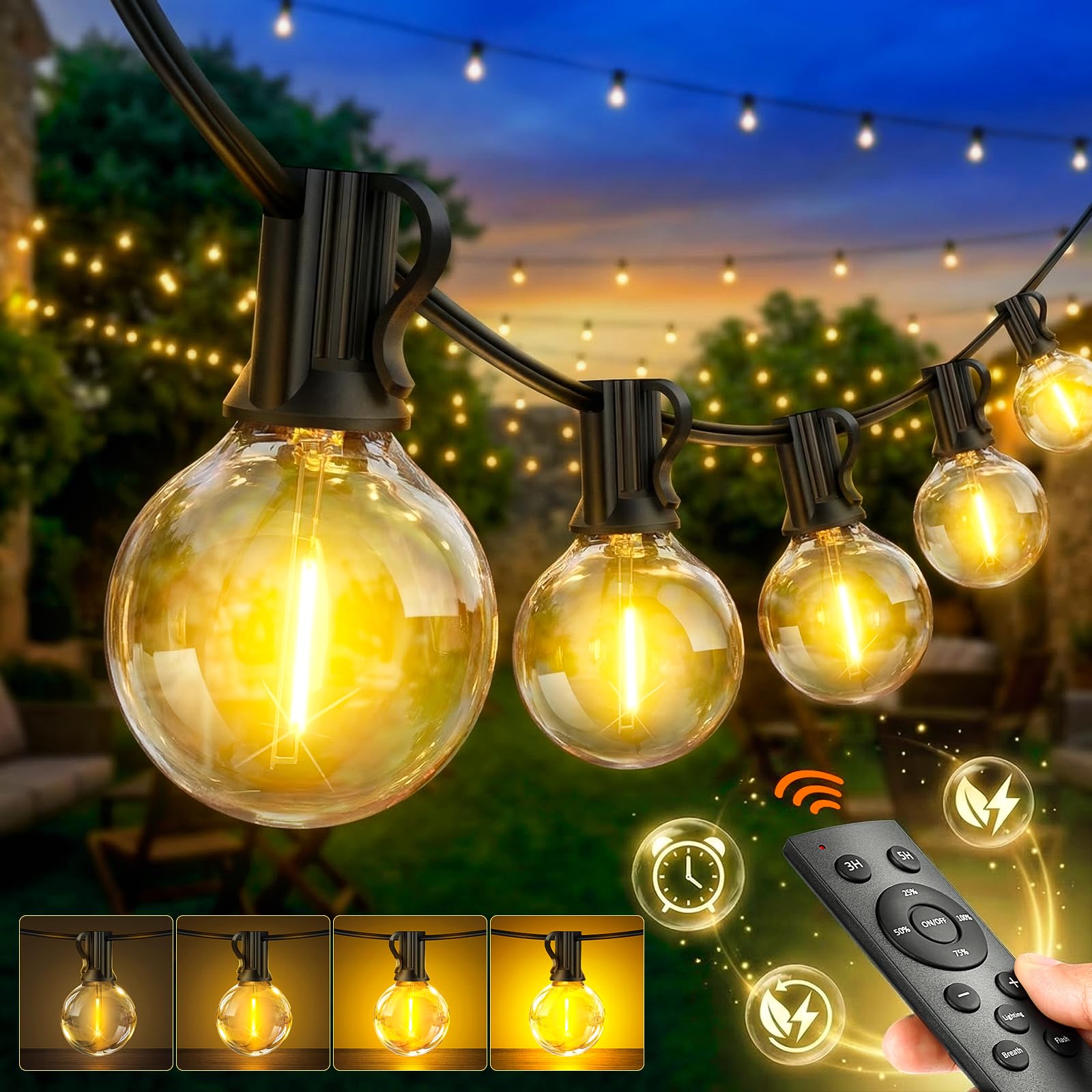 Outdoor String Lights Mains Powered - G40 Garden Festoon Lights 100FT/30M Dimmable with Remote Control Shatterproof LED Bulbs 3 Modes & 2 Timer Settings Waterproof for Outdoor Patio Gazebo Pergola