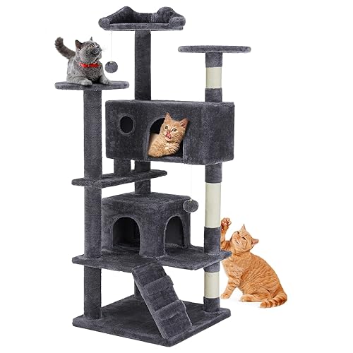 Sweetcrispy 54-Inch Cat Tree Tower – Multi-Level with Sisal Scratching Post, Perfect Pet Gift, Indoor Condo with Climbing Ladder, Plush Toy, and More Animal Stuff, Dove Grey