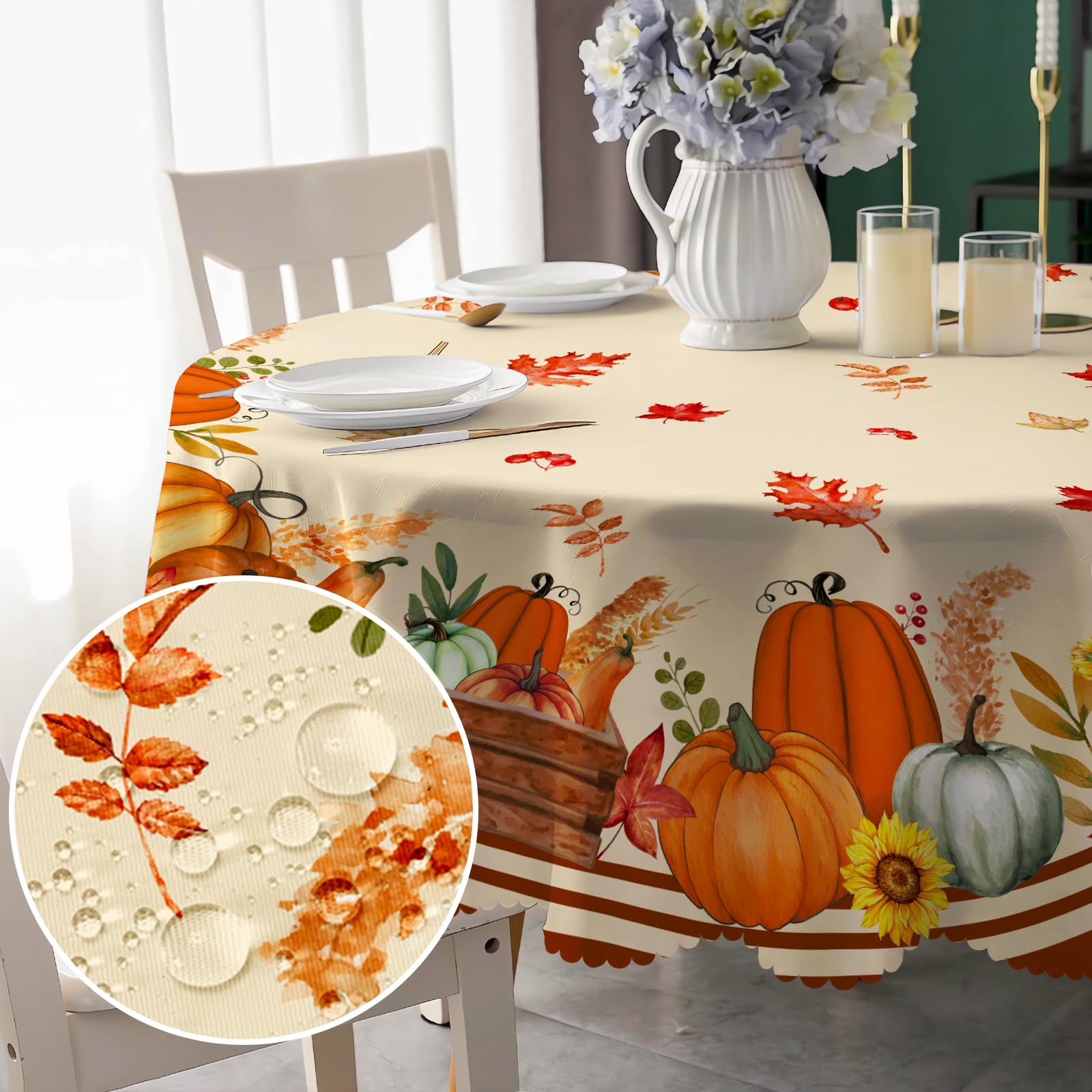 Autumn Round Tablecloth 150cm Wipeable, Waterproof Pumpkin Polyester Tablecloths, Table Cloth Wrinkle Resistant Table Cover for Home Dinner Kitchen Party Picnic Outdoor