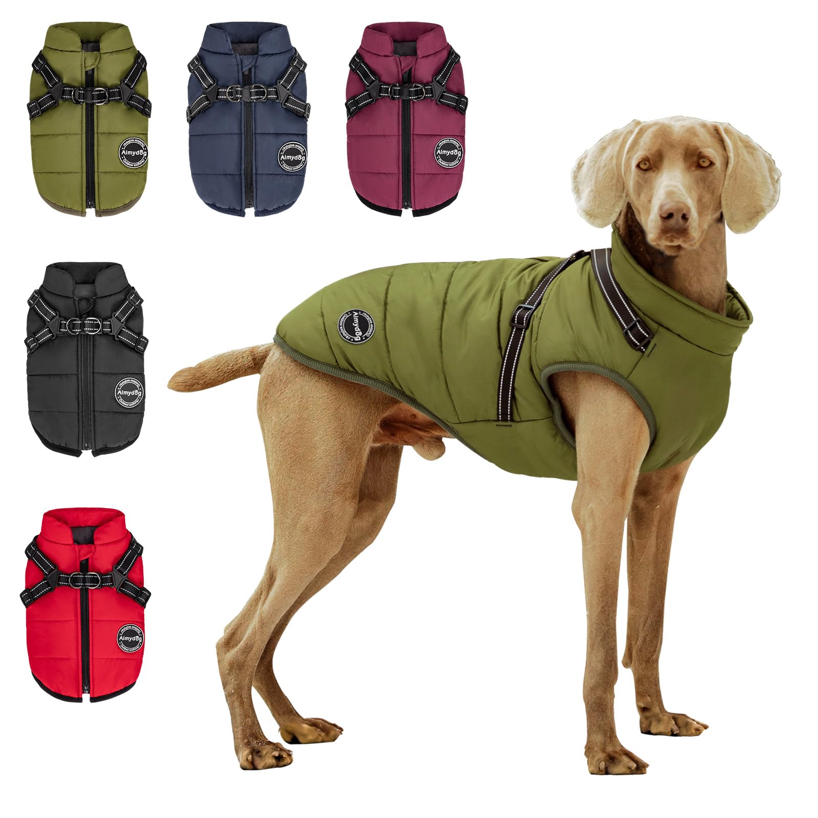 AIMYDOG Winter Coat - Warm, Reflective Dog Jacket with Built-in Harness, Waterproof Windproof Snow Jacket for Small Medium Dogs, Green