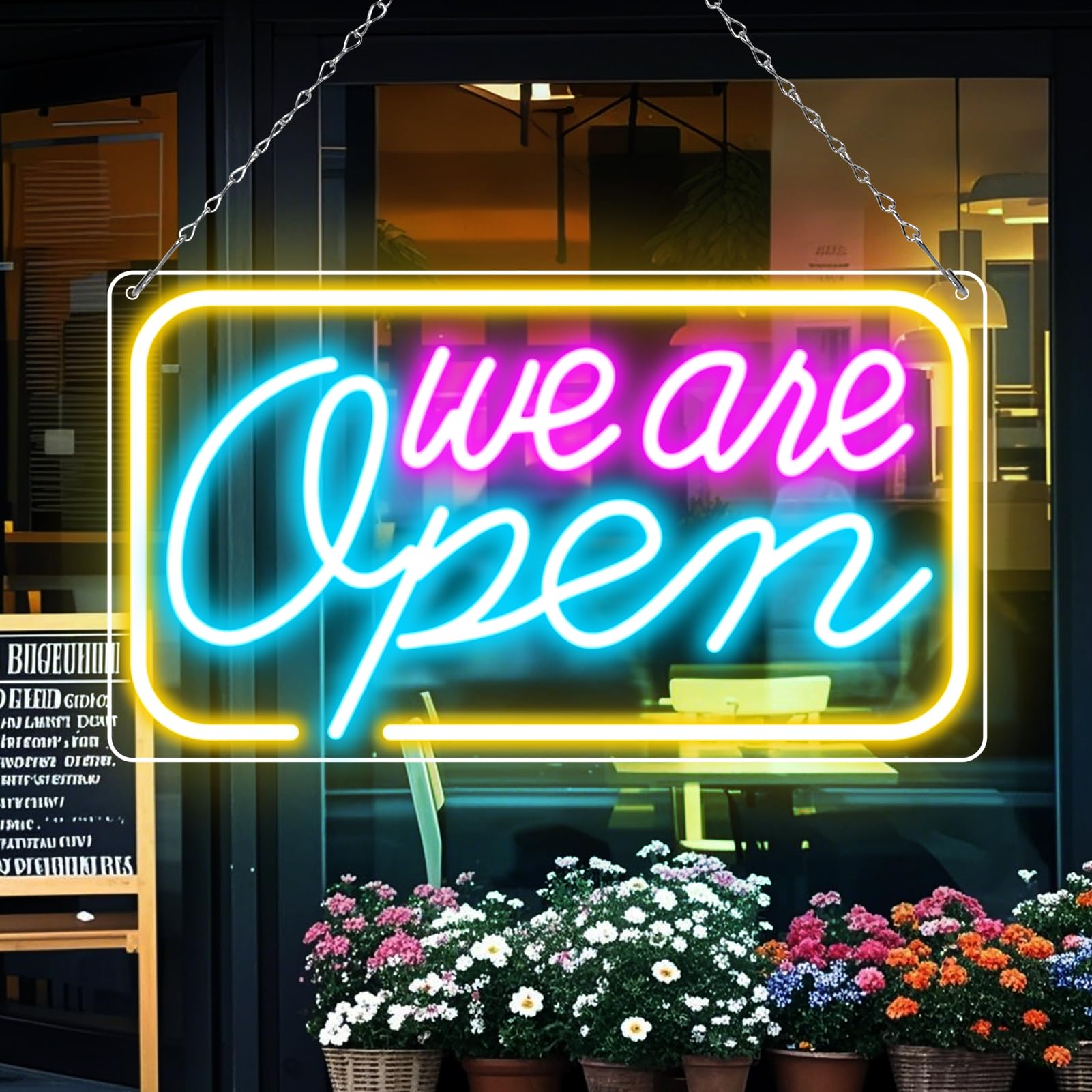 LED Neon We Are Open Signs, 16.5''x 9'' Open Sign for Business, Neon Open Sign with ON/OFF Switch, Light Up Electric USB Powered Sign for Stores, Hotel, Bars, Restaurant (Pink&Blue&Yellow)
