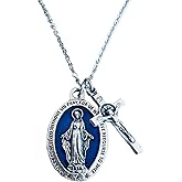 Blue Mother Mary Necklace with Crucifix – Catholic Jewelry Blessed Virgin Mary Medal Pendant – Immaculate Conception Charm Necklace – Religious Gift for Women, Teens, Baptism, First Communion