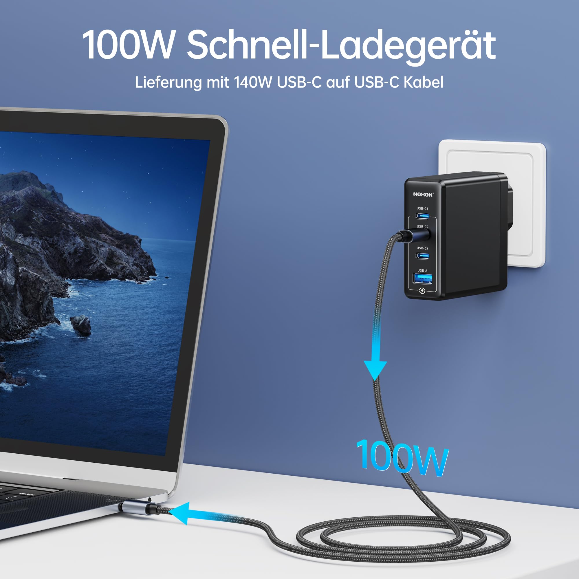 NOHON USB-C Ladegerät Fast Netzteil: 100W GaN Handy 3-Port Schnellladegerät PD Charger 3.0 mit 140W Typ-C 1.2M ladekabel | PPS kompatibel mit MacBook iPad Pro Air Galaxy S23 | für iPhone 15 14 13 12 4