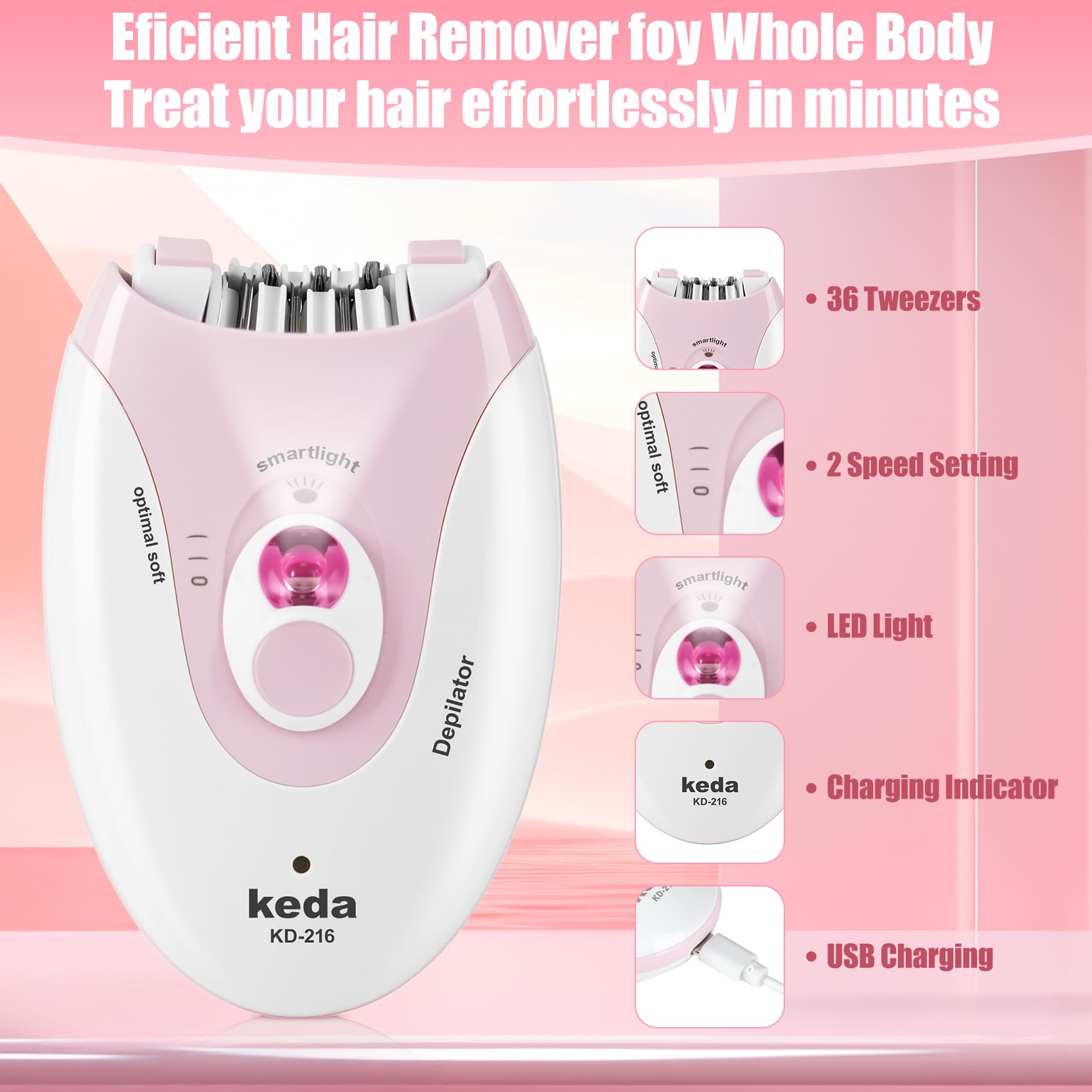 Epilators Hair Removal for Women, 2 Speed Hair Removal Device with LED Light, Rechargeable Trimmer for Epilator Bikini, Face, Arm, Legs, Armpits