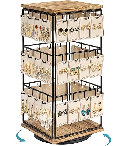 Rotating Earring Display Stand For Vendors - 36 Hook Jewelry Rack With Wooden Base, Holds Earring Cards - View #3