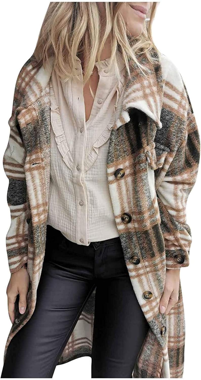 Women Lattice Long Coat Fashion Plaid Jacket Buttons Long Coat Fall