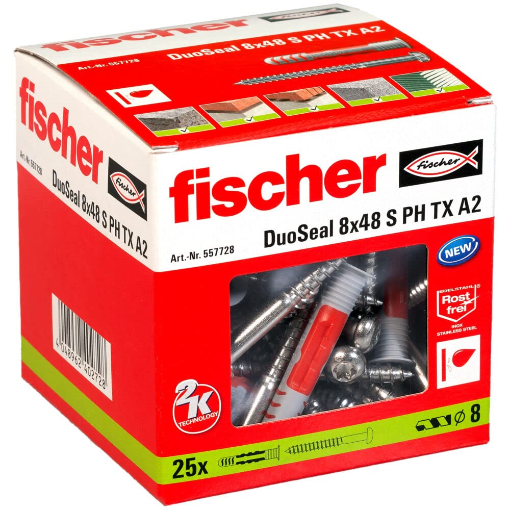 fischer DuoSeal 8 x 48 S A2, universal plugs & stainless-steel screws for wet areas, powerful 2-component sealing plugs for fastenings in damp areas, 25 pcs