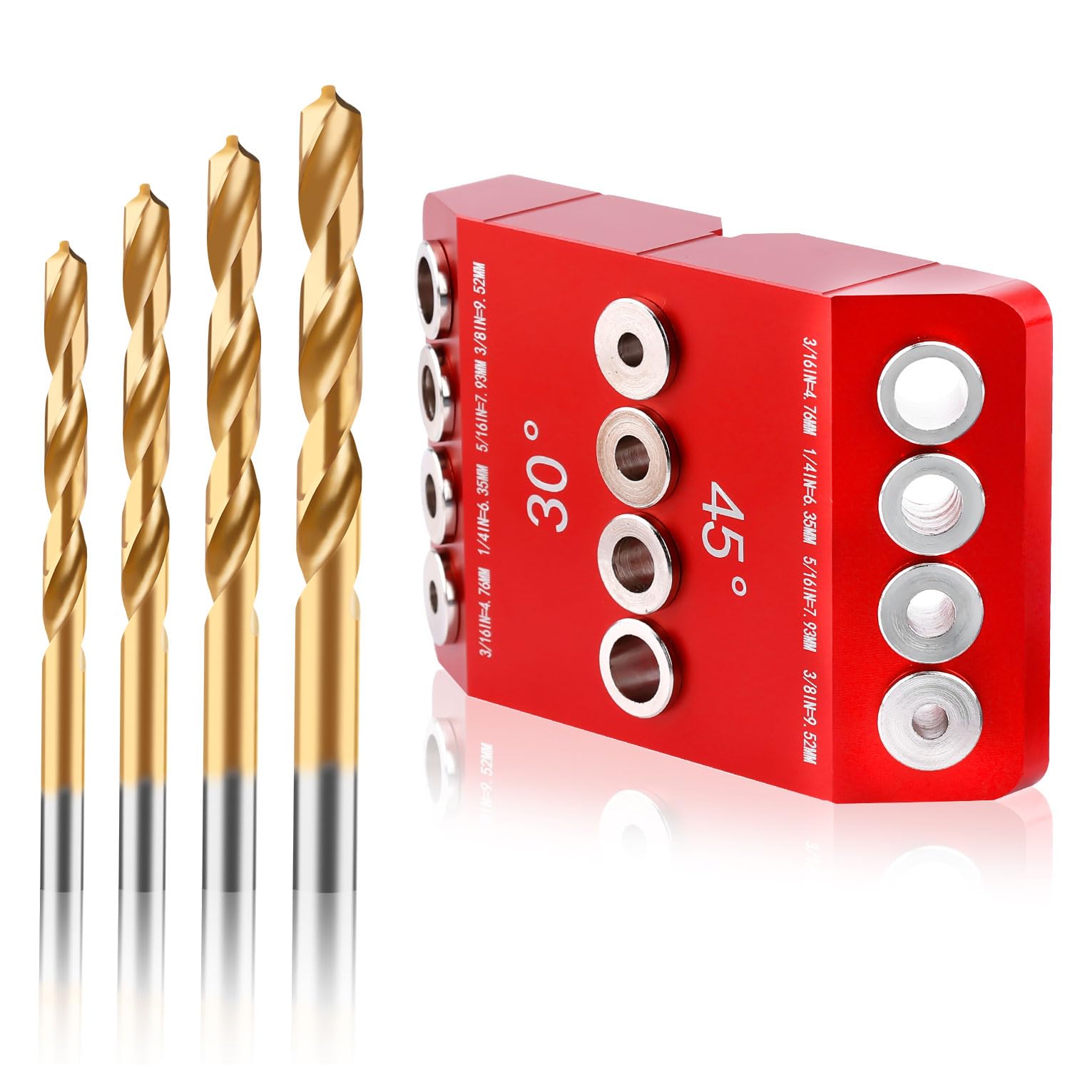 Drill Hole Guide Jig Set, 30 45 90 Degree Angle Pocket Hole Jig Including 4 Sizes Drill Bits Drilling Tool Fixture Kit for Horizontal Cable Wooden Columns, Stair Wire Handrails
