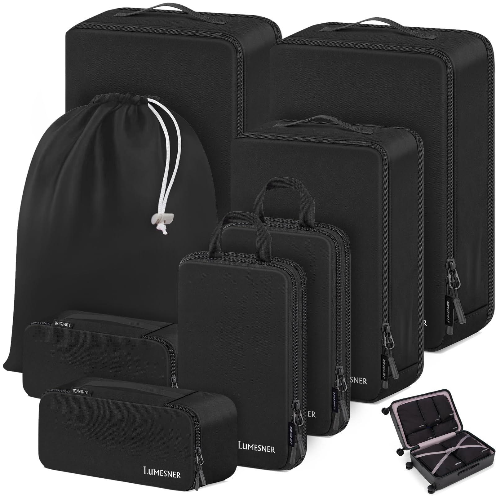 Photo 1 of Compression Packing Cubes, Lumesner 8 Set Travel Packing Cubes for Carry on Suitcases, Compression Suitcase Organizers Bag Set & Travel Cubes (8-piece, Black)