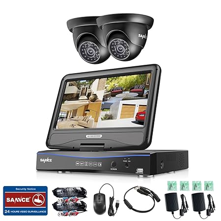 SANNCE Videoüberwachung Überwachungskamera Set mit 10,1 Zoll Display 4CH 720P all in one DVR Recorder Überwachungssystem mit 