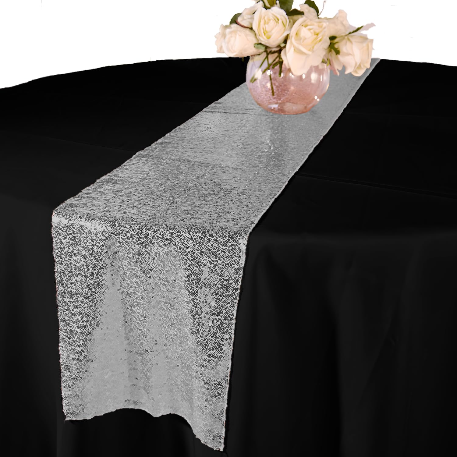 Elegant Event Essentials – Sequin Party Long Table Runner – For Spring Party, Wedding, Reception, Banquet, Home Dining Space Christmas Centrepiece Decoration (12” x 108”/30.48 x 274.32cm) - Silver