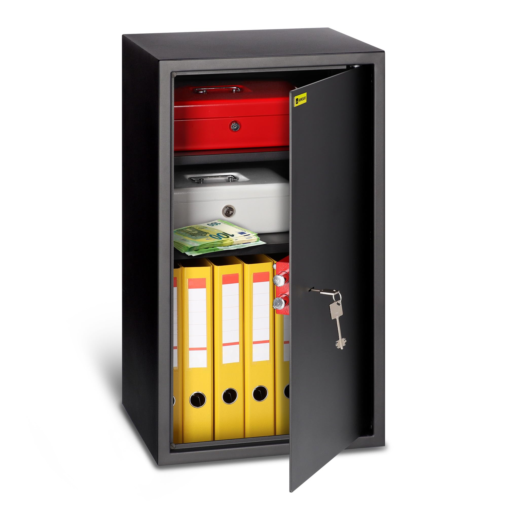 HomeSafe HV70K Large Safe with Key Lock, 70x40x36cm (HxWxD), Money Safe Lock Box for Home Security, Storage Safety Locker for Cash Savings, Office safe for documents with 2 height-adjustable shelves