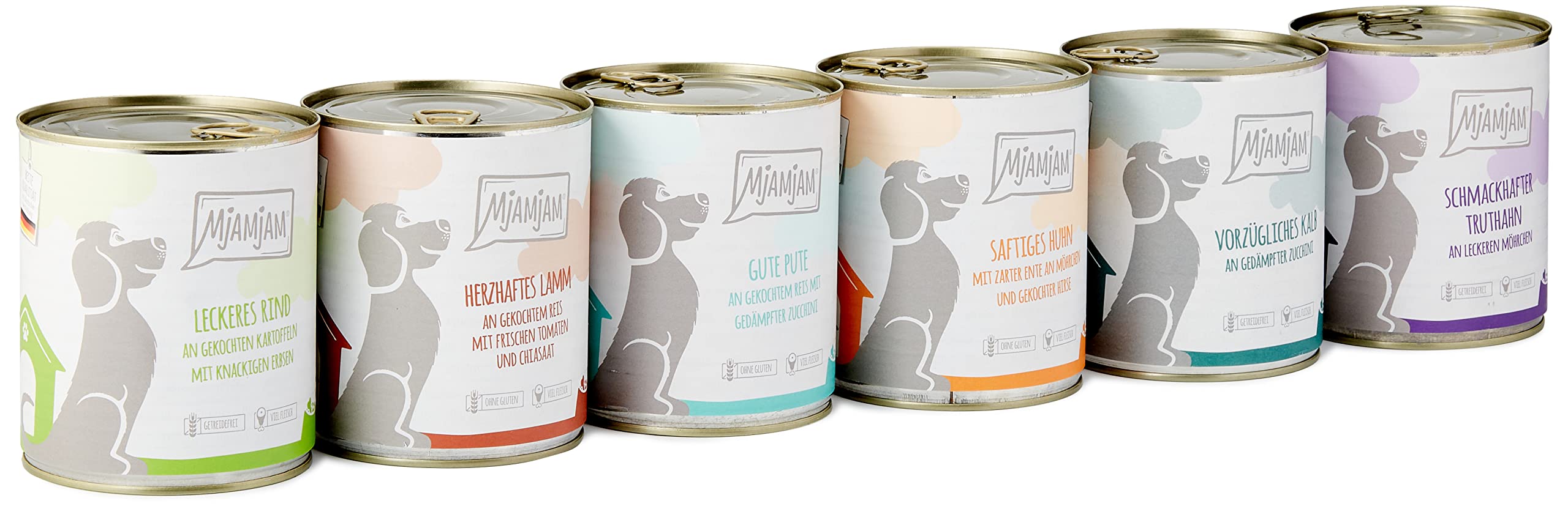 MjAMjAM - premium wet food for dogs - Mixpaket II - With chicken & duck, beef, turkey, veal, turkey, lamb, pack of 6 (6 x 800 g), natural with extra meat