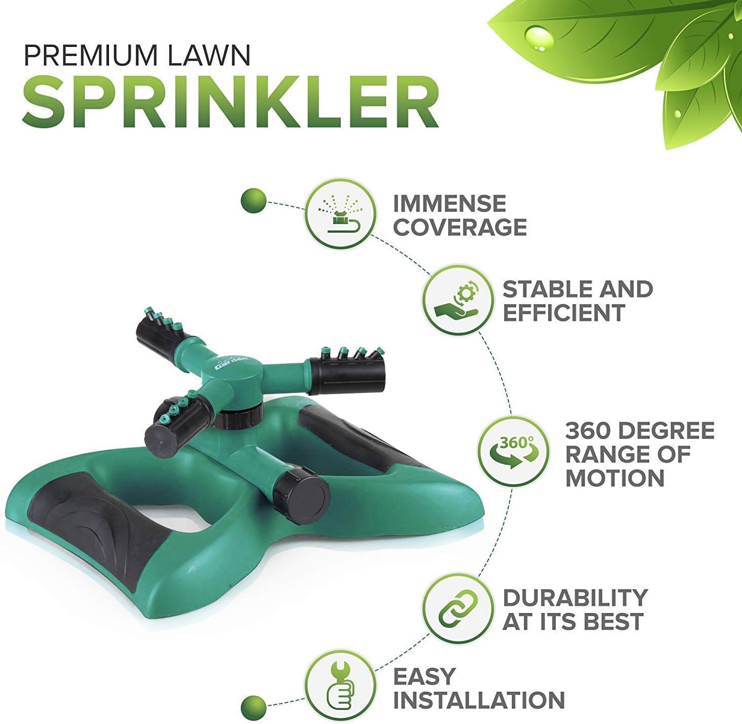 Signature Garden Three-Arm Sprinkler, 12 Built-in Spray Nozzles, 360 Degree Rotation & 3600 Sq Ft Coverage : Garden & Outdoor