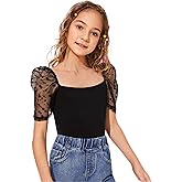 SOLY HUX Girl's Contrast Mesh Puff Short Sleeve Tee Square Neck T Shirt Top