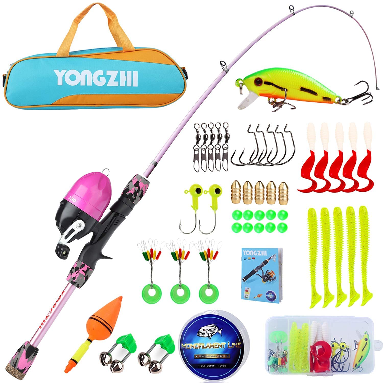 Sougayilang Kids Fishing Rods,Portable Telescopic Fishing Rod and Reel Combo, with Fishing Line Lures Spincast Fishing Tackle Bag for Youth, Girls and Boys Traveling Kid Fishing Pole-P