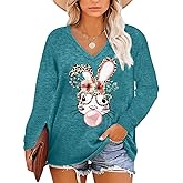 Plus Size Easter Shirts for Women Happy Easter T Shirt Bunny Rabbit V Neck Tees Easter Long Sleeve Shirt Tops
