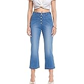 YOCUR Womens Cropped Jeans Elastic High Waist Crop Denim Flare Pants Wide Leg Button Patch Pockets Petite Capri Jeans