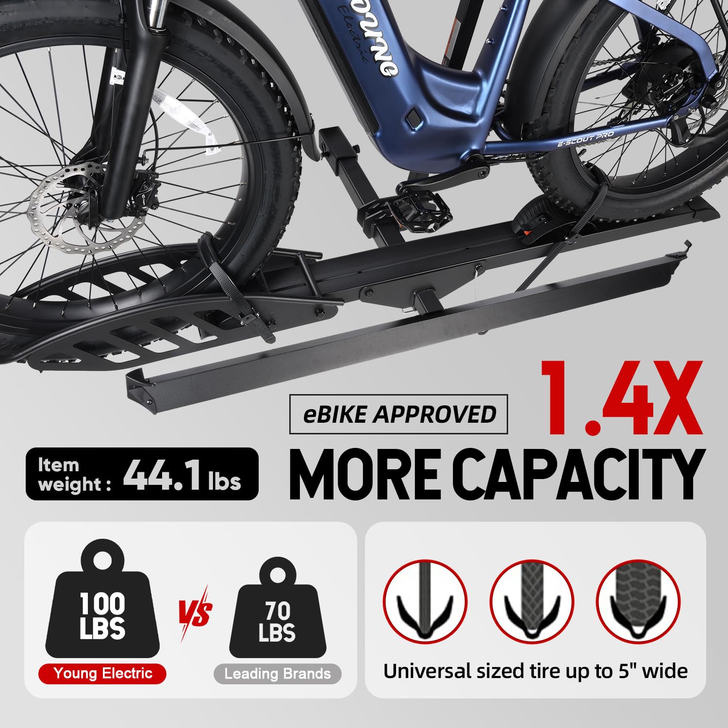 Young Hitch Single 1 Bike Rack with Ramp,100 lbs Capacity E-Bike Carrier Rack for Cars Trucks SUVs Minivans RV, Trailer, Mount Platform Style, Fits Up to 5’’ Fat Tire Bicycle for 2 inch Receiver