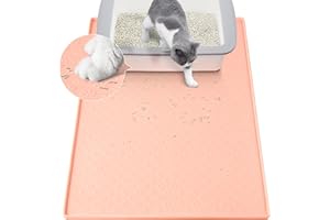 Coomazy Cat Litter Mat, Silicone Waterproof Cat Feeding Mat Raised Edges, Nonslip Pet Placemat Bowl Tray to Stop Food Spills and Water Messes Out to Floor (Pink, L: 60x40cm/23.6x15.7in)