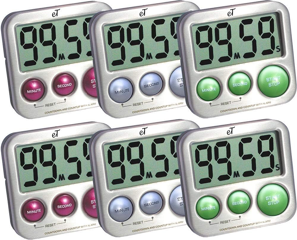 Elegant Digital Kitchen Timer Stainless Steel - Variety 8 Pack - Strong Magnet - Loud Alarm - Large Display - Auto Memory - Auto Shut-Off - (2 Each Silver, Lime, Plumberry, Charcoal 8-Pack)