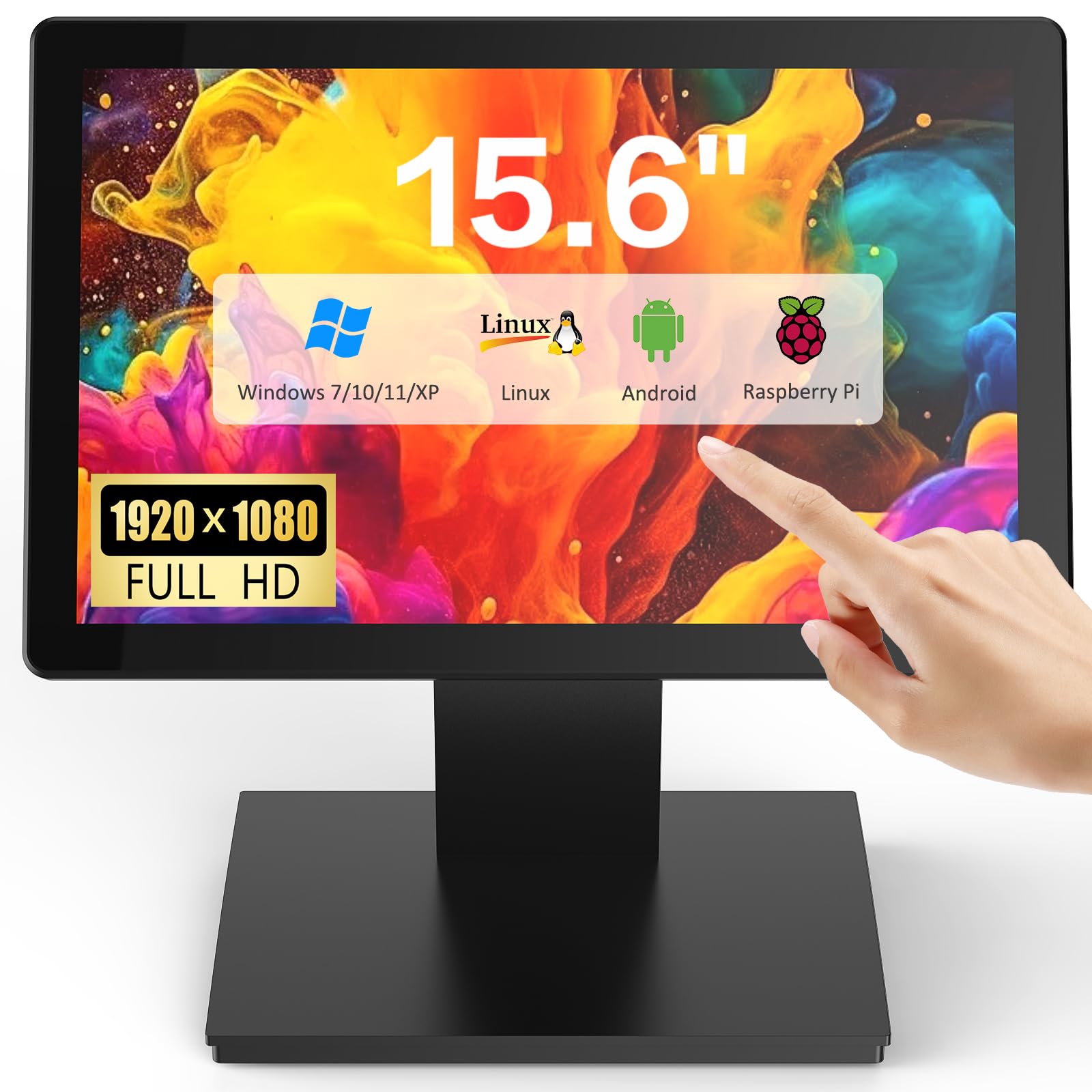 Photo 1 of NewHail 15.6" Touchscreen POS Monitor, 1920×1080 FHD IPS Display, 10-Point Capacitive Touch, with HDMI/VGA Input, Heavy Duty Metal Stand for Restaurant, Bar, Gym, Warehouse, and POS Systems