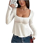 SOLY HUX Women's Babydoll Tops Long Sleeve Henley Shirts Cute Square Neck Coquette Peplum Top