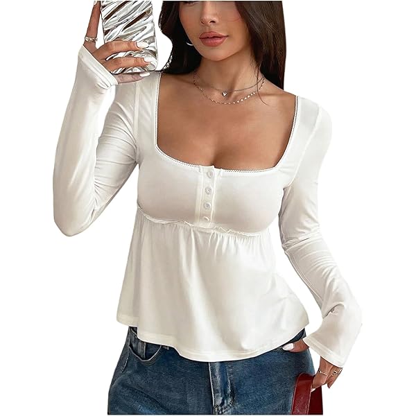 SweatyRocks Women's Ruffle Bell Long Sleeve T Shirts Square Neck