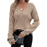 SHEWIN Womens Sweaters Casual V Neck Long Sleeve Cable Knit Crochet Sweater Spring Outfits for Women 2026