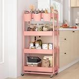 JIUYOTREE 4-Tier Plastic Rolling Storage Cart Pink with Lockable Wheels view 6