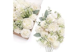 Ling's Moment White Flowers Artificial, Ivory Fake Flowers and Greenery Combo for DIY Wedding Bridal Bouquet, Corsage, Boutonniere, Centerpieces, Floral Arrangement Decor, etc.