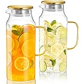 CMLKLZD 2 Pack 2 Liter 68 oz Glass Pitcher with Lid and Handle, Gold Glass Carafe for Fridge, Water Pitcher for Hot/Cold Water, Large Jug for Iced Tea, Coffee, Juice and Homemade Beverage