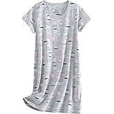 Inadays Women's Cotton Nightgown Sleepwear Short Sleeves Nightshirt Casual Print Sleepdress Loose Comfy Pajama
