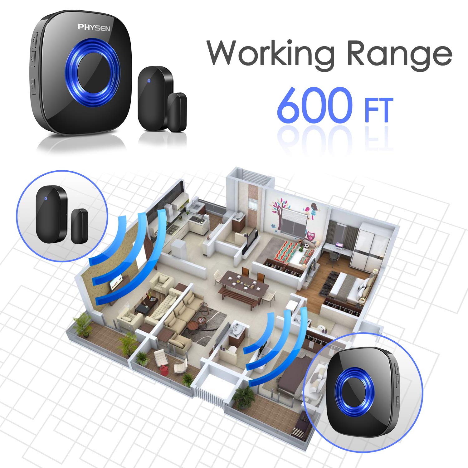 Door Chime PHYSEN Wireless Door Open Chime Kit Operating at 600-feet Range,4 Volume Levels Doorbell Sensor Chime with 52 Melodies LED Indicator for Home/Office/Stores