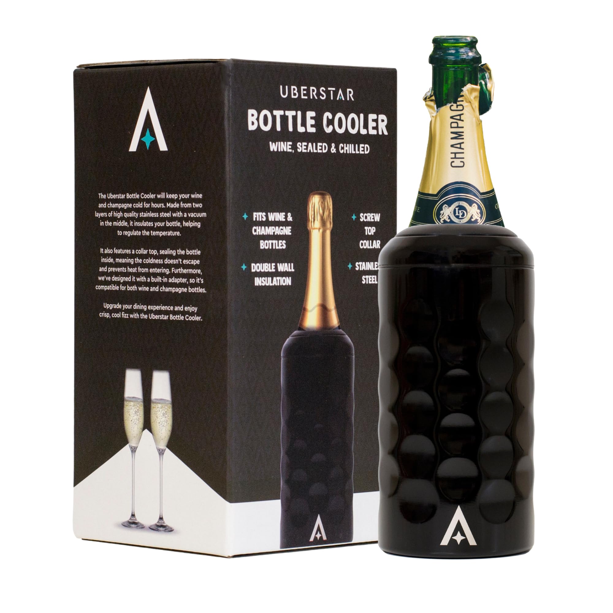 Wine Cooler Chiller Black/Double Wall Stainless Steel Vacuum Seal/Gift for Wine Prosecco and Champagne/Cold for Hours