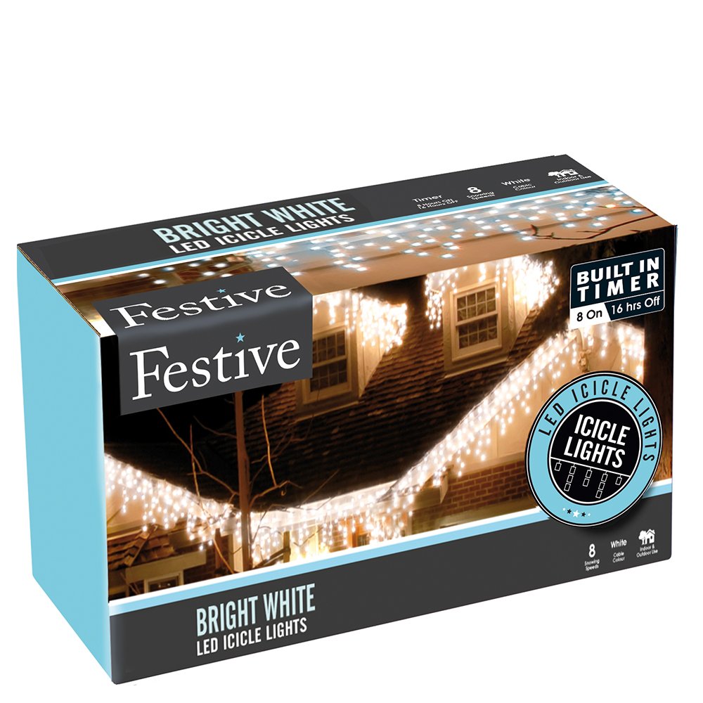 Festive Productions Snowing Icicle Lights with Timer 240 LED Bulbs, Copper, White
