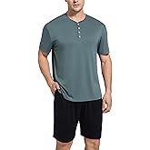 SlumberMee Mens Pajama Set Soft Cooling Viscose Summer Pjs Short Sleeve Sleepwear 2 Piece Crew Neck Loungewear with Pockets