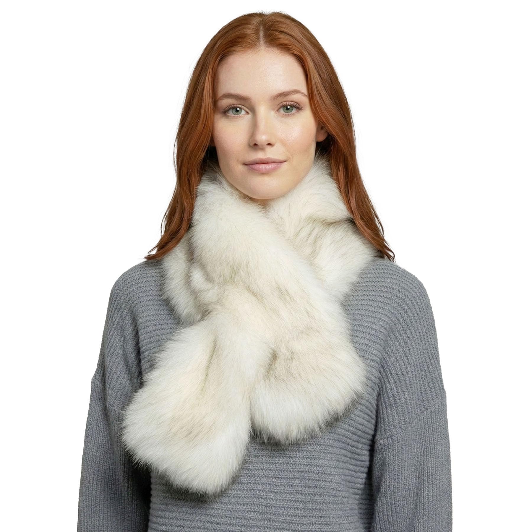 Basic Sense Women's Winter Faux Fur Scarf Pull Through Collar with Velvet Lining, Off-white