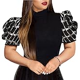 acelyn Women Sexy Sparkle Shimmer Sequin Top See Through Mesh Puff Short Sleeve Tunic Shirt Holiday Party